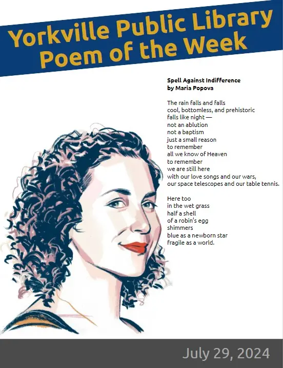 Cartoon image of poet Maria Popova with the text of her poem "Spell Against Indifference"